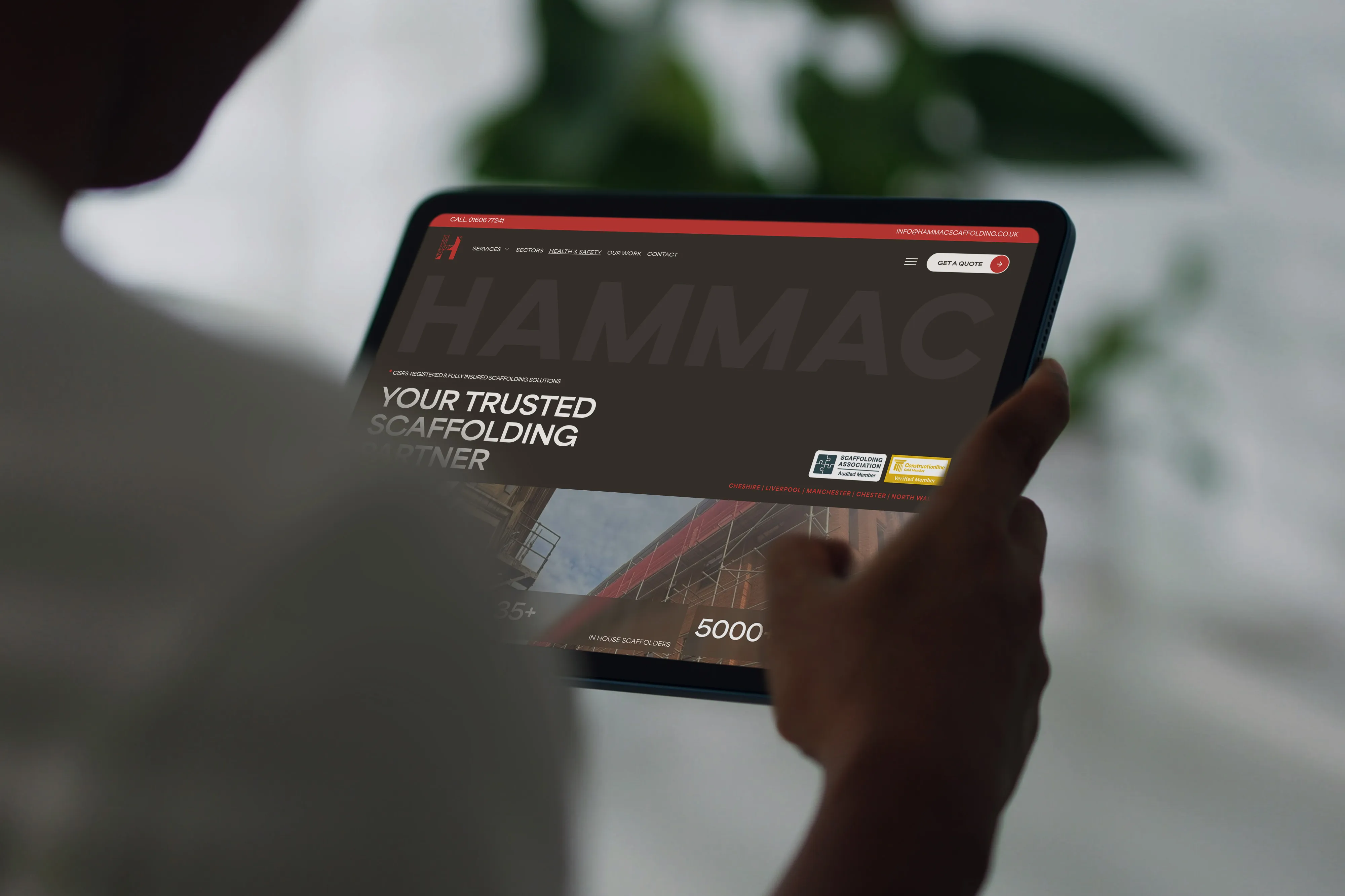 Hammac Scaffolding website shown on a tablet
